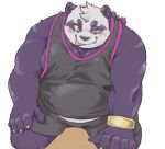  2021 alp_(tas) anthro black_nose blush bottomwear clothing exe_exem fur giant_panda humanoid_hands kemono male mammal overweight overweight_anthro overweight_male purple_body purple_fur shirt shorts simple_background sitting solo tank_top tokyo_afterschool_summoners tongue tongue_out topwear ursid video_games white_background white_body white_fur 