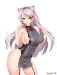  1girl :p absurdres adapted_costume animal_ear_fluff animal_ears azur_lane bare_shoulders breasts buttons cat_ears double-breasted dress eyebrows_visible_through_hair garter_straps grey_dress highres large_breasts long_hair looking_at_viewer mole mole_on_breast paw_pose prinz_eugen_(azur_lane) red_hair sideboob signature silver_hair simple_background sleeveless sleeveless_dress solo taut_clothes taut_dress thighs tongue tongue_out white_background whitter yellow_eyes 
