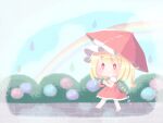  1girl blonde_hair blush bright_pupils bush commentary_request crystal day dress eyebrows_visible_through_hair flandre_scarlet flower full_body hat holding holding_umbrella kokochi mob_cap one_side_up outdoors petticoat rainbow red_dress red_eyes short_hair sky solo touhou umbrella walking water_drop white_pupils wings 