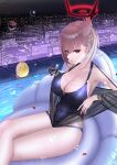  1girl absurdres azur_lane blue_swimsuit breasts city_lights cleavage closed_mouth collarbone crossed_legs cup drinking_glass duca_degli_abruzzi_(azur_lane) duca_degli_abruzzi_(lustrous_onyx_sirenetta)_(azur_lane) earrings eyebrows_visible_through_hair gauntlets hair_ornament hairclip highres holding holding_cup huge_breasts jewelry large_breasts long_hair looking_at_viewer manjuu_(azur_lane) nail_polish night petals platinum_blonde_hair pool red_eyes red_nails sitting solo swimsuit swimwear wine_glass you_(yoyou) 