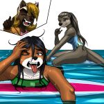  5_fingers anthro black_nose breasts brown_body brown_fur clothed clothing eyebrows eyelashes female fingers fur hi_res lutrine mammal mustelid mykegreywolf open_mouth partially_submerged teeth tongue trio 