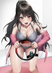  1girl bangs black_hair blue_nails bra breasts cleavage covered_nipples expulse eyebrows_behind_hair hane-ame holding holding_ring hood hoodie jewelry joy-con long_hair medium_breasts off_shoulder open_mouth pink_hoodie ponytail real_life ring solo sweat sweating_profusely thigh_strap underwear 