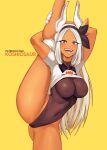  1girl animal_ears ass_visible_through_thighs bea_(pokemon) bea_(pokemon)_(cosplay) black_hairband boku_no_hero_academia breasts bunny_ears commentary_request cosplay covered_navel dark_skin dark_skinned_female hairband koshio large_breasts leg_up long_hair looking_at_viewer mirko open_mouth pokemon pokemon_(game) pokemon_swsh red_eyes smile solo split standing standing_on_one_leg standing_split teeth white_hair 
