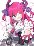  1girl ;d beckoning blue_eyes corset detached_sleeves dragon_horns elizabeth_bathory_(fate) elizabeth_bathory_(fate)_(all) fang fate/extra fate/extra_ccc fate/grand_order fate_(series) grey_skirt heart holding holding_microphone horns idol long_hair looking_at_viewer microphone one_eye_closed open_mouth pink_hair plaid plaid_skirt pointy_ears rabiiandrain reaching_out sidelocks simple_background skirt sleeveless smile solo two_side_up white_background 
