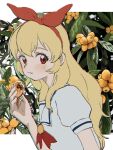  1girl aikatsu! aikatsu!_(series) all_day_long blonde_hair blush border bow closed_mouth collared_shirt commentary_request eating food from_side fruit hair_bow hair_over_shoulder hairband holding holding_food holding_fruit hoshimiya_ichigo letterboxed long_hair looking_at_viewer looking_to_the_side loquat outside_border plant puffy_short_sleeves puffy_sleeves red_bow red_eyes red_hairband red_neckwear sailor_collar school_uniform serafuku shirt short_sleeves sideways_glance solo starlight_academy_uniform summer_uniform upper_body white_border white_sailor_collar white_shirt 