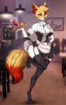  alcohol anthro beverage black_clothing black_legwear black_stockings braixen clothing cocktail female garter_straps hi_res legwear maid_uniform nintendo pok&eacute;mon pok&eacute;mon_(species) serving_tray solo stockings uniform video_games zhadart 