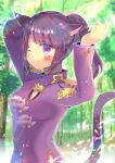  1girl ;) animal_ear_fluff animal_ears arms_up bangs blue_flower blurry blurry_background blush breasts cat_ears cat_girl cat_tail china_dress chinese_clothes cleavage cleavage_cutout closed_mouth clothing_cutout commentary_request depth_of_field dress eyebrows_visible_through_hair final_fantasy final_fantasy_xiv flower forest hair_flower hair_ornament kouu_hiyoyo long_sleeves medium_breasts miqo&#039;te mole mole_under_eye nature one_eye_closed original ponytail purple_dress purple_eyes purple_flower purple_hair smile solo tail tail_raised tree upper_body whisker_markings 