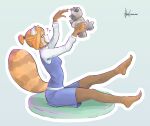  2020 ? absurd_res aggressive_retsuko ailurid anthro biped blonde_hair blue_clothing bottomwear brown_body brown_fur clothed clothing digital_media_(artwork) feet female fur haida hair hekk hi_res holding_object hybrid mammal plushie red_panda retsuko sanrio side_view signature simple_background sitting solo topwear yellow_body yellow_fur 