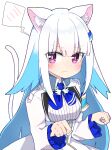  1girl angry animal_ear_fluff animal_ears blue_hair cat_ears cat_girl cat_tail closed_mouth embarrassed hair_ornament hairclip jacket lize_helesta looking_at_viewer multicolored_hair nijisanji paw_pose purple_eyes rabiiandrain simple_background solo spoken_blush tail upper_body virtual_youtuber white_background white_hair white_jacket 