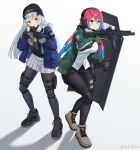  2girls absurdres assault_rifle bangs beanie black_footwear black_headwear black_legwear black_shirt black_shorts blue_hair blue_jacket blunt_bangs blush brown_footwear closed_mouth full_body girls_frontline gloves green_eyes green_jacket grey_gloves gun h&amp;k_hk416 hair_ornament hat headset highres hk416_(girls_frontline) jacket knee_pads long_hair long_sleeves looking_at_viewer multicolored_hair multiple_girls original pantyhose pink_hair pleated_skirt rifle rynzfrancis shield shirt shoes short_shorts shorts simple_background skirt thigh_pouch thigh_strap weapon white_background white_shirt white_skirt 