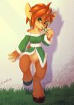  2018 4_fingers activision anthro brown_body brown_fur brown_hair camel_toe candy candy_cane christmas christmas_clothing clothing crombie dessert elora faun_(spyro) female fingers food fur genitals green_eyes green_outfit hair hi_res holidays hooves licking_candy looking_at_viewer mammal pussy signature solo spyro_the_dragon video_games 
