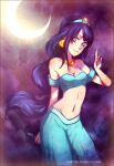  1girl absurdres aladdin_(disney) arabian_clothes arm_behind_back bandeau bangs bare_shoulders blue_hair blue_pants breasts circlet cleavage commentary cosplay cowboy_shot crescent_moon earrings english_commentary hand_up harem_outfit harem_pants highres holding holding_weapon hyuuga_hinata jasmine_(disney) jasmine_(disney)_(cosplay) jewelry kunai long_hair looking_at_viewer midriff moon multi-tied_hair naruto_(series) naruto_shippuuden navel necklace off_shoulder pants purple_eyes rydi1689 small_breasts smile solo standing stomach very_long_hair weapon 