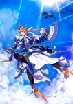  1girl alternate_eye_color black_legwear blue_sky brown_hair cloud commentary_request d: elbow_gloves floating_hair flying from_behind gloves highres long_hair looking_at_viewer looking_back lyrical_nanoha magical_girl mahou_shoujo_lyrical_nanoha_strikers mecha_musume midair mikazuki_akira! open_mouth red_eyes sky solo sun takamachi_nanoha twintails 