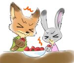  &gt;.&lt; 2021 anthro canid canine clothed clothing disney duo eating food fox fruit izumi_h27 judy_hopps lagomorph leporid mammal nick_wilde plant rabbit red_fox strawberry zootopia 