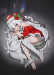  1girl absurdres ass bandaged_leg bandages barefoot blush dress girls_frontline grey_hair hat highres kurt_bestor long_hair looking_at_viewer lying on_side red_dress ribeyrolles_1918_(girls_frontline) santa_hat silver_eyes solo very_long_hair 