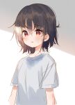  1girl bangs black_hair blush commentary_request eyebrows_visible_through_hair grey_shirt hair_between_eyes meito_(maze) original parted_lips red_eyes shirt short_sleeves solo sweat upper_body 