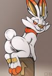  3_toes anthro anus bandage_on_nose blush box butt feet female fur genitals gradient_background grey_background hi_res kneeling looking_at_viewer looking_back nintendo pok&eacute;mon pok&eacute;mon_(species) pussy q-blackbun rear_view scorbunny simple_background soles solo teeth toes video_games white_body white_fur 