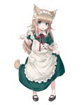  1girl 40hara alternate_costume animal_ears apron aqua_eyes bangs blonde_hair bow cat_ears cat_tail chestnut_mouth enmaided eyebrows_visible_through_hair frilled_apron frills highres kinako_(40hara) long_hair looking_at_viewer maid maid_headdress name_tag original oversized_clothes paw_pose red_bow solo standing tail white_background 