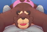  2021 anthro bed brown_body brown_fur cade_(the_human_heart) clothing cute_fangs duo eyes_closed fur furniture leonthelionel male mammal overweight overweight_male the_human_heart_(game) tongue tongue_out underwear ursid video_games visual_novel 