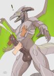  anthro blush bodily_fluids bottomless clothed clothing cum cumshot dragon ejaculation explanation genital_fluids genitals handjob madness_demon male mechanical_dragon metallic_body metroid nintendo nipples penile penis ridley sex solo surprise topwear trips_the_ridley video_games wings 