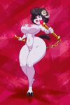  2021 anthro areola black_hair bovid breasts caprine female genitals hair hi_res lonbluewolf looking_at_viewer mammal melee_weapon nipples nude nunchaku open_mouth orange_eyes pussy solo tongue weapon white_body 