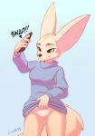  2019 5_fingers absurd_res aggressive_retsuko anthro blue_clothing blue_sweater blue_topwear blush bottomless canid canine cellphone clothed clothing clothing_lift crombie english_text female fennec fenneko fingers fox genitals hi_res mammal phone pussy sanrio selfie shirt shirt_lift signature smartphone smile solo sweater text topwear 