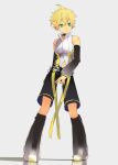  1boy aqua_eyes arm_behind_back bare_shoulders belt black_legwear black_shorts black_sleeves blonde_hair choker commentary d_futagosaikyou detached_sleeves full_body grey_background headphones highres kagamine_len kagamine_len_(append) leg_warmers light_smile looking_to_the_side male_focus pendant_choker pigeon-toed see-through_legwear shadow shirt shorts sketch sleeveless sleeveless_shirt solo spiked_hair standing vocaloid vocaloid_append white_shirt 