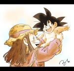  1boy 1girl ^_^ baby baby_carry bangs black_hair child_carry closed_eyes dragon_ball dragon_ball_gt grandmother_and_grandson grey_hair highres old old_woman older open_mouth pan_(dragon_ball) ruto830 smile son_goku_jr. spiked_hair upper_teeth wrinkled_skin wrinkles 