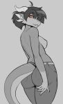  5_fingers anthro black_hair breasts butt clothed clothing female fingers furgonomics hair hi_res horn looking_at_viewer looking_back multi_horn nipples non-mammal_breasts orange_eyes ponytail pupils scalie simple_background slit_pupils smile solo topless zkelle 