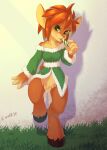  2018 4_fingers activision anthro brown_body brown_fur brown_hair candy candy_cane christmas christmas_clothing clothing crombie dessert elora faun_(spyro) female fingers food fur green_eyes green_outfit hair hi_res holidays hooves licking_candy looking_at_viewer mammal signature solo spyro_the_dragon video_games 