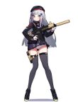  1girl assault_rifle beret black_legwear facial_mark full_body girls_frontline gloves green_eyes gun h&amp;k_hk416 hair_ornament handgun hat highres hk416_(girls_frontline) holding holding_gun holding_weapon holster jacket kurt_bestor long_hair panties rifle silver_hair skirt solo thigh_holster thighhighs underwear weapon white_gloves white_panties 