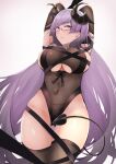  1girl arms_behind_head azur_lane black_gloves black_legwear blue_eyes breasts closed_mouth covered_navel demon_girl demon_horns demon_tail elbow_gloves eyebrows_visible_through_hair feet_out_of_frame from_below glasses gloves gneisenau_(azur_lane) gneisenau_(nightmarish_succubus)_(azur_lane) highres horns itete large_breasts long_hair looking_at_viewer navel pubic_tattoo purple_hair smile solo standing tail tattoo thighhighs very_long_hair white_background 