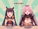  2girls absurdres black_gloves black_nails bowl breasts cape choker chopsticks cleavage closed_eyes commentary_request elbow_gloves english_text fingernails flat_chest food fur-trimmed_choker gloves highres holding holding_bowl holding_chopsticks holding_food hololive hololive_english huge_breasts instant_ramen juse_(simasmasi) long_hair mori_calliope multiple_girls nail_polish ninomae_ina&#039;nis noodles open_mouth pink_hair plate pointy_ears purple_hair ramen red_eyes shoulder_spikes sidelocks sitting sparkle spikes sunburst sunburst_background table tiara veil very_long_hair virtual_youtuber wrapper 