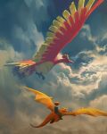  1boy ash_ketchum baseball_cap beak black_hair charizard cloud cloudy_sky devin_elle_kurtz flying gen_1_pokemon gen_2_pokemon hat highres ho-oh horns jacket legendary_pokemon midair pokemon pokemon_(anime) pokemon_(classic_anime) pokemon_(creature) riding sky tail talons wings 