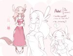  amphibian anthro aubri axolotl clothing colored colored_sketch dress english_text female hair long_hair model_sheet mole_salamander monochrome pink_body pink_clothing pink_dress pink_eyes pink_hair salamander_(amphibian) sketch solo text vongulli 