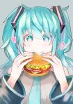  1girl aqua_eyes aqua_hair aqua_nails aqua_neckwear bare_shoulders black_sleeves burger cheese commentary detached_sleeves eating food grey_background grey_shirt hair_ornament hatsune_miku heart holding holding_food kaimo_(mi6kai) lettuce long_hair looking_at_viewer nail_polish necktie sesame_seeds shirt sleeveless sleeveless_shirt smile solo sparkling_eyes tomato twintails upper_body vocaloid 