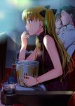  1boy 2girls black_hair blonde_hair casual closed_eyes collared_shirt cup disposable_cup dress_shirt drink drinking_straw eating fate_testarossa glasses hand_on_own_chin lyrical_nanoha mahou_shoujo_lyrical_nanoha_detonation mikazuki_akira! movie_theater multiple_girls ribbed_sweater shirt sitting sleeveless sleeveless_turtleneck sweater turtleneck twintails watch white_shirt wristwatch 