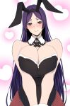  1girl alternate_costume animal_ears bangs bare_shoulders black_leotard blush breasts bunny_ears detached_collar fate/grand_order fate_(series) fishnet_legwear fishnets highres large_breasts leotard long_hair minamoto_no_raikou_(fate) parted_bangs purple_eyes purple_hair smile very_long_hair wrist_cuffs zucchini 