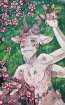  4_arms ambiguous_gender anthro armpit_hair body_hair bovid caprine cherry_blossom cherry_blossom_tree cherry_tree flower fruit_tree goat green_eyes horn invalid_background male_(lore) mammal mountaincat multi_arm multi_limb nude plant scar solo sunbathing tree 