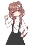  1girl :3 alternate_costume animal_collar animal_ears bangs black_skirt blush bracelet braid brown_eyes brown_hair collar cowboy_shot dog_ears dog_girl dog_tail doyagao hair_between_eyes hololive inugami_korone jewelry long_hair long_sleeves looking_at_viewer low_twin_braids rabiiandrain red_collar ribbed_sweater shirt simple_background skirt smug solo suspender_skirt suspenders sweater symbol_commentary tail turtleneck turtleneck_sweater twin_braids v-shaped_eyebrows virtual_youtuber white_background white_sweater 