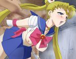  1girl ahegao bent_over bishoujo_senshi_sailor_moon blonde_hair blue_eyes blush breasts choker circlet clothed_female_nude_male donguri-dou hair_pull sailor_moon sex sweat tiara torn_clothes tsukino_usagi twin_rails twintails vaginal 