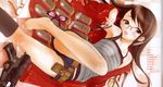  armpits barefoot belt blue_eyes brown_hair calico_m950 copyright_request feet glasses gun highres inuburo long_hair lying solo striped submachine_gun weapon 