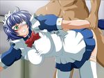  blue_hair blush bow bowtie clothed_female_nude_male eyepatch green_eyes ikkitousen maid rape ryomou_shimei sex thighhighs 