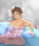  abs balls bathing blush brown_eyes brown_hair censored cleaning handjob indoors itto_(mentaiko) male_focus mentaiko muscle muscles nude penis pose posing sexy solo testicles watching water 