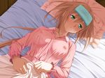  breasts brown_hair fuyu_no_rondo game_cg grace_lumiaula green_eyes hands highres lying medium_breasts nipples pillow see-through solo towel yasuyuki 