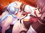  2girls ass black_lilith blue_hair blush bottomless breasts brown_hair censored cum cum_explosion cum_in_mouth cum_string cum_trail erect_nipples fellatio footwear futa_with_female futanari game_cg girl hand_on_another's_head hand_on_head happy_sex huge_breasts kashiwagi_tsumiki kneeling large_breasts long_hair mahou_shoujo_isuka multiple_girls oral orgasm penis red_eyes ribbon sex smile socks sperm suck 