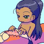  akai_(artist) akai_(ugokashitari) aliasing animated animated_gif artist_request black_hair blue_background cloaca dark_skin darkskin fingering flat_chest gif green_eyes lamia long_hair lowres masturbation monster_girl pixel_art ponytail pussy_juice simple_background solo 