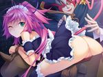  1boy 1girl ass bdsm bondage bound censored demon_girl game_cg green_eyes long_hair maid maou_no_musume_wa_chou_namaiki_!! no_panties pussy relic slave succubus tail torture wink wooden_horse 