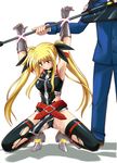  armpits bardiche bdsm blonde_hair bondage bound cyclone fate_testarossa hetero long_hair lyrical_nanoha mahou_shoujo_lyrical_nanoha_strikers solo thighhighs torn_clothes torn_legwear 