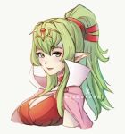  1girl bangs breasts cape chiki cleavage commentary dress english_commentary eyebrows_visible_through_hair fire_emblem fire_emblem:_kakusei fire_emblem:_monshou_no_nazo fire_emblem_heroes green_eyes green_hair hair_between_eyes hair_ornament highres large_breasts long_hair looking_at_viewer nintendo pointy_ears ponytail red_dress smile tiara zedoraart 